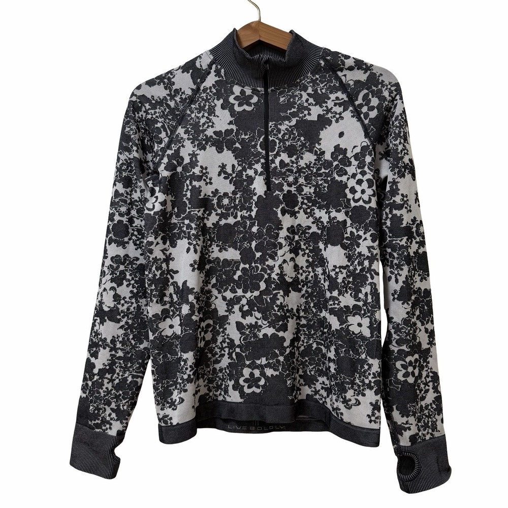 Krimson Klover Womens Floral 1/4 Zip Base Layer Long Sleeve Top Size L/XL Black